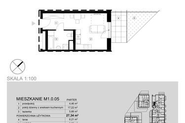 Rzut - Mieszkanie na sprzedaż 1 pokój o powierzchni 27,34 m² - numer M1.0.05 w Modern Helenów