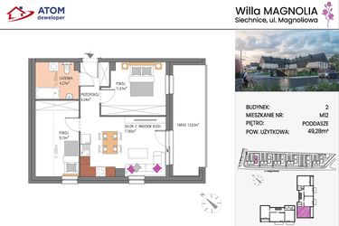 Rzut - Mieszkanie na sprzedaż 3 pokoje o powierzchni 49,28 m² - numer Bud.2-12 w Willa Magnolia