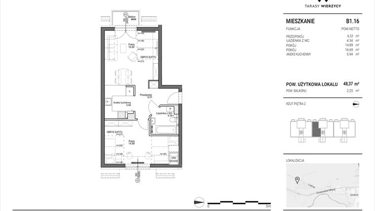 Rzut - Mieszkanie na sprzedaż 2 pokoje o powierzchni 48,37 m² - numer B1.16 w Tarasy Wierzycy