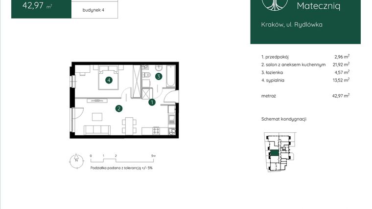 Rzut - Mieszkanie na sprzedaż 2 pokoje o powierzchni 42,97 m² - numer 4.A.0.04 w Murapol Mateczniq