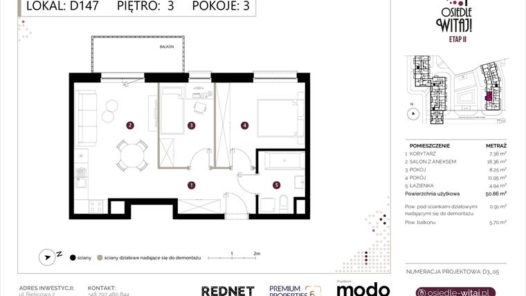 Rzut - Mieszkanie na sprzedaż 3 pokoje o powierzchni 51,77 m² - numer D147 w Osiedle Witaj etap II