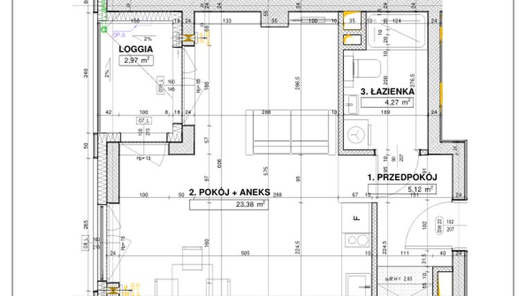Rzut - Mieszkanie na sprzedaż 1 pokój o powierzchni 32,93 m² - numer B29 w Nowe Centrum Południowe etap IV
