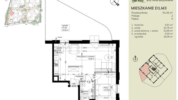 Rzut - Mieszkanie na sprzedaż 2 pokoje o powierzchni 53,36 m² - numer D1.M3 w Apartamenty przy Parku Szczytnickim