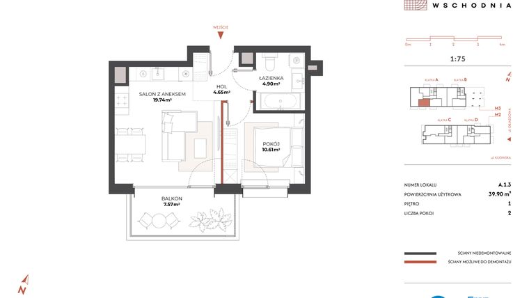 Rzut - Mieszkanie na sprzedaż 2 pokoje o powierzchni 39,9 m² - numer A.1.3 w Drucianka Wschodnia