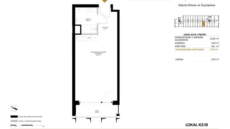 Rzut - Mieszkanie na sprzedaż 1 pokój o powierzchni 31,71 m² - numer K2.18 w Orłowo Square - Apartamenty inwestycyjne