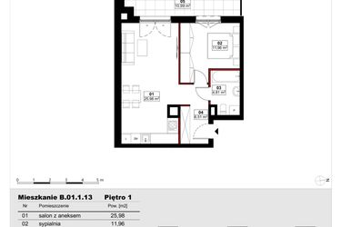 Rzut - Mieszkanie na sprzedaż 2 pokoje o powierzchni 49,26 m² - numer B01.1.13 w Skwer Witosa