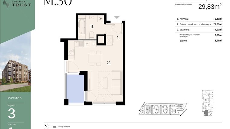 Rzut - Mieszkanie na sprzedaż 1 pokój o powierzchni 30,06 m² - numer A - M.30 w Dzielnica Trust - etap I