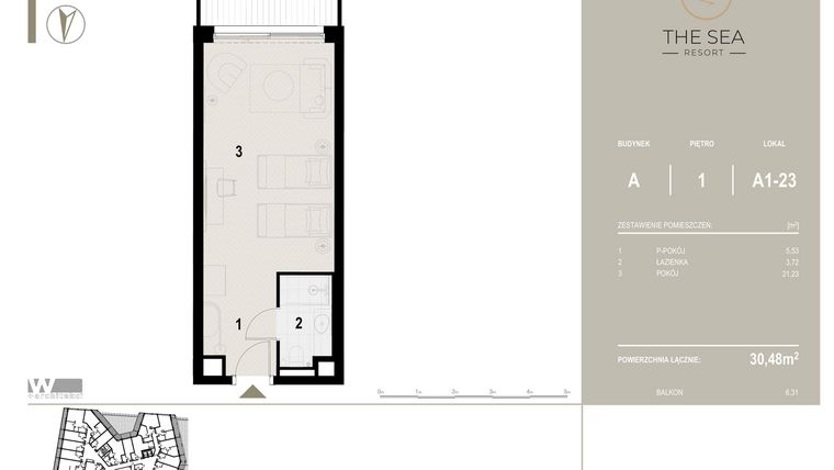 Rzut - Mieszkanie na sprzedaż 1 pokój o powierzchni 30,48 m² - numer A1-23 w The Sea Resort Międzyzdroje