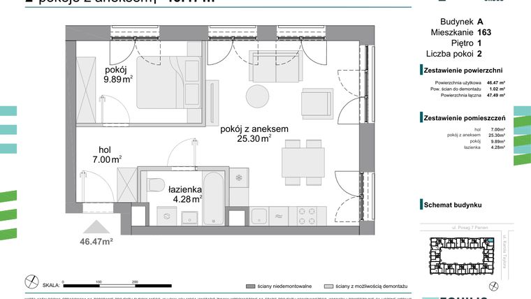 Rzut - Mieszkanie na sprzedaż 2 pokoje o powierzchni 46,47 m² - numer 163 w Osiedle Fokus Ursus