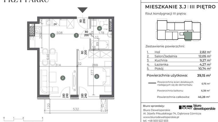 Rzut - Mieszkanie na sprzedaż 2 pokoje o powierzchni 39,15 m² - numer 3.J w Willa przy parku