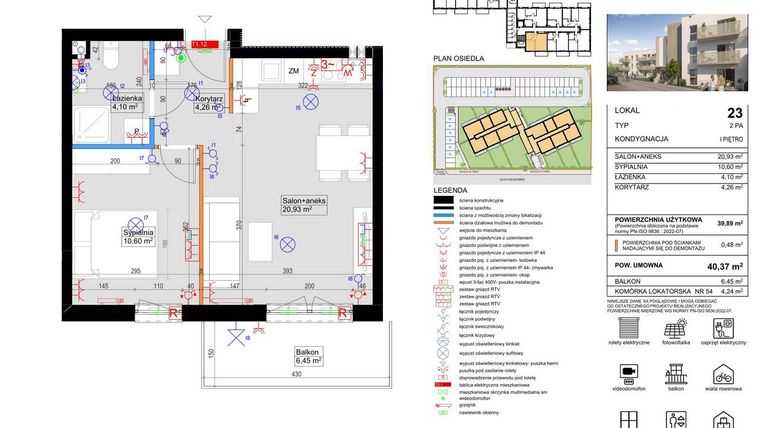 Rzut - Mieszkanie na sprzedaż 2 pokoje o powierzchni 39,89 m² - numer 23 w Harmony Antoninek