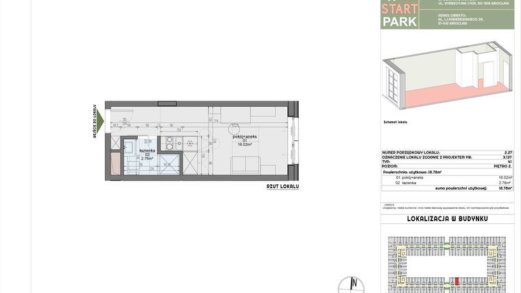 Rzut - Mieszkanie na sprzedaż 1 pokój o powierzchni 18,78 m² - numer 2.27 w START PARK