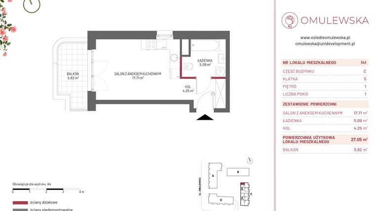 Rzut - Mieszkanie na sprzedaż 1 pokój o powierzchni 27,05 m² - numer C/141 w Omulewska