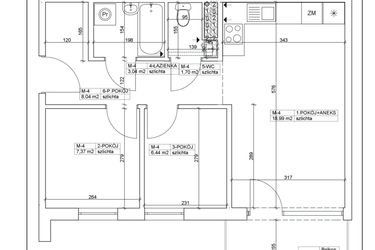 Rzut - Mieszkanie na sprzedaż 3 pokoje o powierzchni 45,58 m² - numer 4 w Bydgoska 19