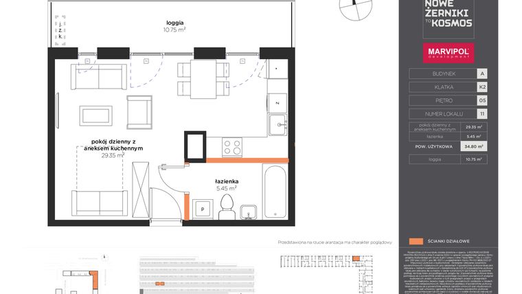 Rzut - Mieszkanie na sprzedaż 1 pokój o powierzchni 34,8 m² - numer A-05-11-K2 w Nowe Żerniki to KOSMOS