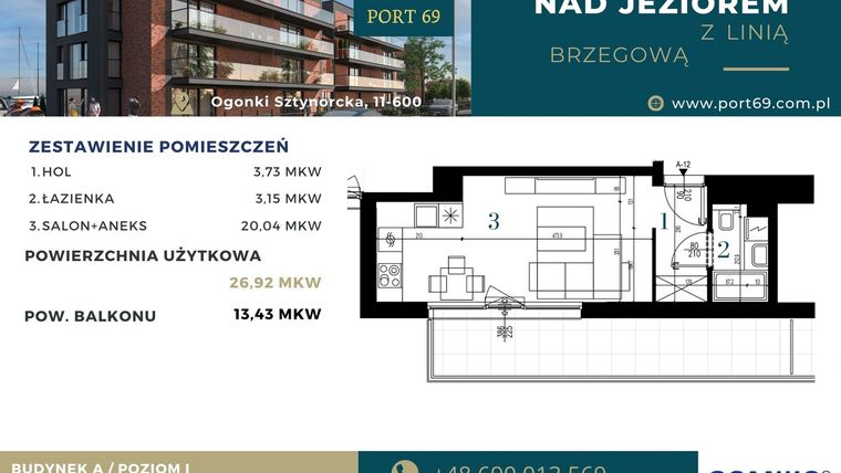Rzut - Mieszkanie na sprzedaż 1 pokój o powierzchni 26,92 m² - numer A-12 w Port 69