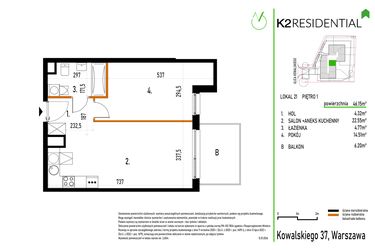 Rzut - Mieszkanie na sprzedaż 2 pokoje o powierzchni 46,15 m² - numer 21 w Kowalskiego 37