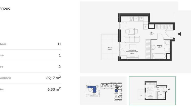 Rzut - Mieszkanie na sprzedaż 1 pokój o powierzchni 29,17 m² - numer HB0209 w Holm House 5