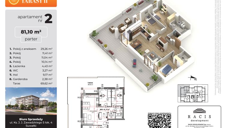 Rzut - Mieszkanie na sprzedaż 4 pokoje o powierzchni 81,1 m² - numer 2 w Słoneczne Tarasy II