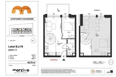 Rzut - Mieszkanie na sprzedaż 3 pokoje o powierzchni 64,75 m² - numer B.3.79 w Morzlive