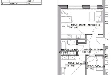 Rzut - Mieszkanie na sprzedaż 3 pokoje o powierzchni 53,29 m² - numer 19 w Kamienica Warszawska 34