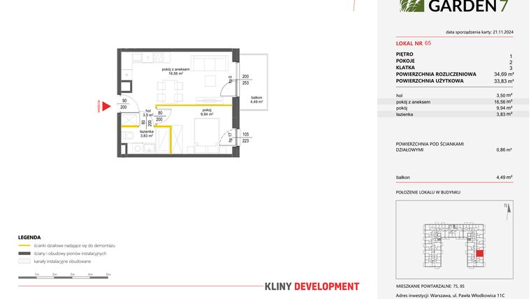 Rzut - Mieszkanie na sprzedaż 2 pokoje o powierzchni 34,69 m² - numer 65 w Nova Viva Garden 7