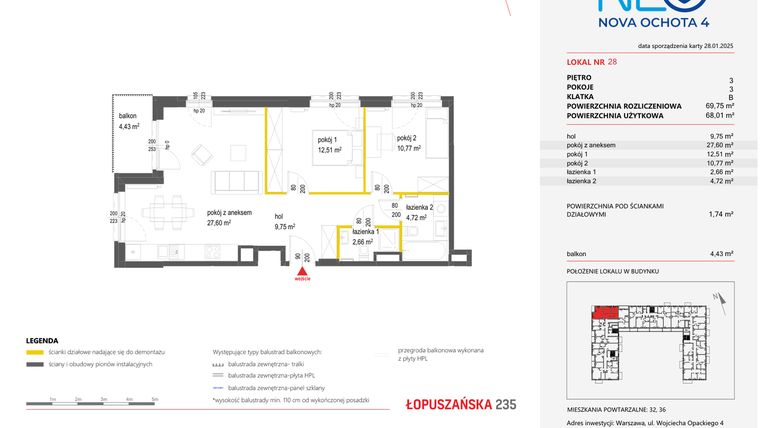 Rzut - Mieszkanie na sprzedaż 3 pokoje o powierzchni 69,75 m² - numer 28 w Neo Nova Ochota 4