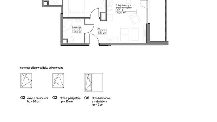 Rzut - Mieszkanie na sprzedaż 2 pokoje o powierzchni 46,41 m² - numer B.2.2.1 w Optima VIII