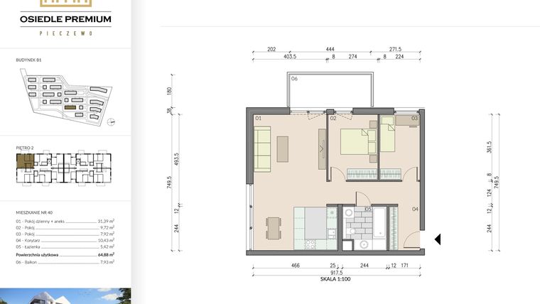 Rzut - Mieszkanie na sprzedaż 3 pokoje o powierzchni 64,88 m² - numer B1.40 w Osiedle Premium etap IV
