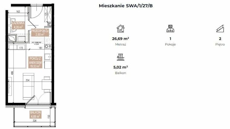 Rzut - Mieszkanie na sprzedaż 1 pokój o powierzchni 26,69 m² - numer SWA/1/27/B w Apartamenty Świeradowska