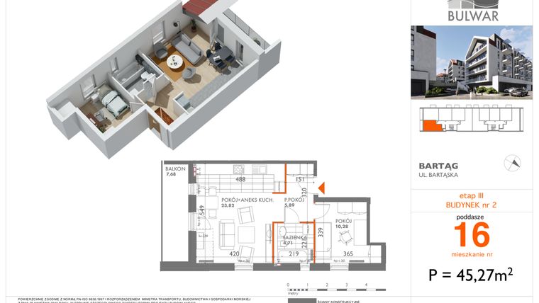 Rzut - Mieszkanie na sprzedaż 2 pokoje o powierzchni 45,27 m² - numer 16 w Bulwar bud. 2