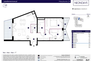 Rzut - Mieszkanie na sprzedaż 3 pokoje o powierzchni 65,94 m² - numer 15/24 w Osiedle Neonowe