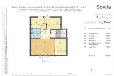 Rzut - Mieszkanie na sprzedaż 4 pokoje o powierzchni 56,35 m² - numer D2 w Sowia