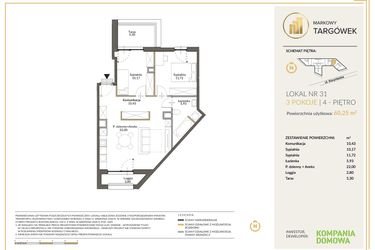Rzut - Mieszkanie na sprzedaż 3 pokoje o powierzchni 60,33 m² - numer 31 w Markowy Targówek