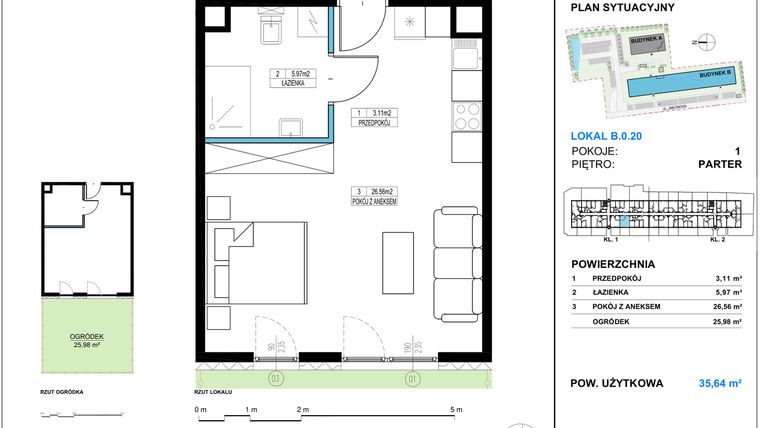 Rzut - Mieszkanie na sprzedaż 1 pokój o powierzchni 35,64 m² - numer B.0.20 w Jabłonova