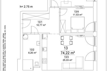 Rzut - Mieszkanie na sprzedaż 3 pokoje o powierzchni 74,22 m² - numer 13 w Osiedle Teatralne 19 - apartamenty inwestycyjne