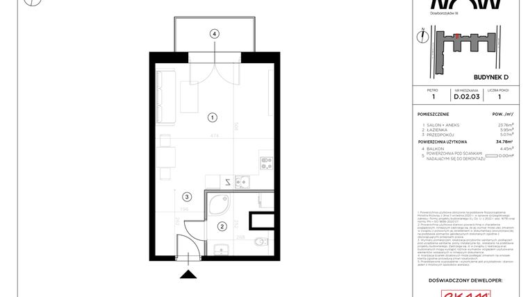 Rzut - Mieszkanie na sprzedaż 1 pokój o powierzchni 34,78 m² - numer D.02.03 w NOW