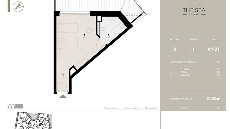 Rzut - Mieszkanie na sprzedaż 1 pokój o powierzchni 27,9 m² - numer A1-21 w The Sea Resort Międzyzdroje