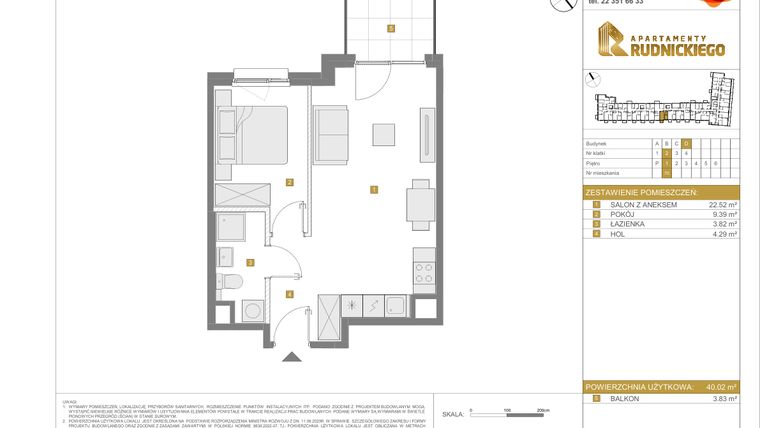 Rzut - Mieszkanie na sprzedaż 2 pokoje o powierzchni 40,02 m² - numer D.70 w Apartamenty Rudnickiego