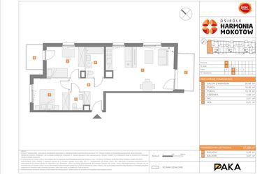 Rzut - Mieszkanie na sprzedaż 3 pokoje o powierzchni 61,69 m² - numer H.5 w Osiedle Harmonia Mokotów etap 3