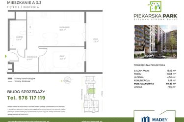 Rzut - Mieszkanie na sprzedaż 2 pokoje o powierzchni 40,43 m² - numer A3.3 w Piekarska Park