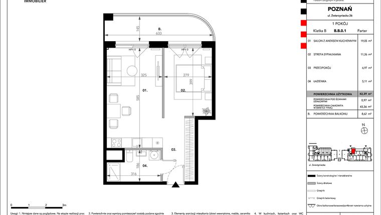Rzut - Mieszkanie na sprzedaż 1 pokój o powierzchni 42,39 m² - numer B.B.0.1 w Zajezdnia