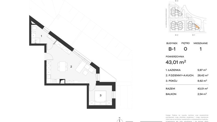 Rzut - Mieszkanie na sprzedaż 2 pokoje o powierzchni 43,01 m² - numer 1 w Koncertowa Dolina