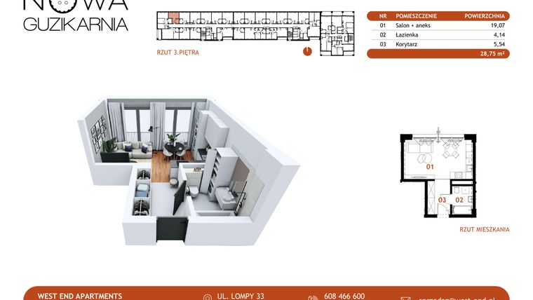 Rzut - Mieszkanie na sprzedaż 1 pokój o powierzchni 28,76 m² - numer B2.3.27 w Nowa Guzikarnia