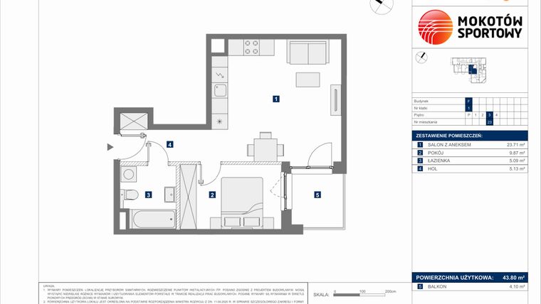 Rzut - Mieszkanie na sprzedaż 2 pokoje o powierzchni 43,8 m² - numer F.23 w Mokotów Sportowy