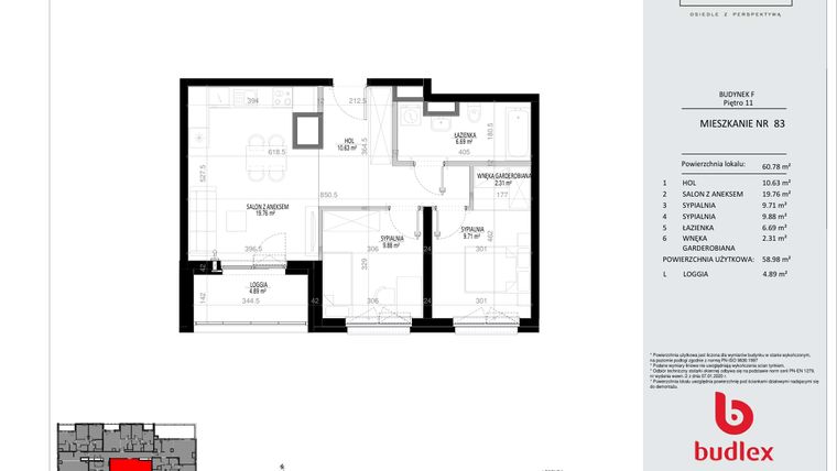 Rzut - Mieszkanie na sprzedaż 3 pokoje o powierzchni 60,78 m² - numer F.83 w Osiedle Panorama - III etap