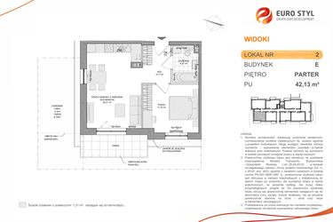 Rzut - Mieszkanie na sprzedaż 2 pokoje o powierzchni 42,09 m² - numer E2 w WIDOKI etap II