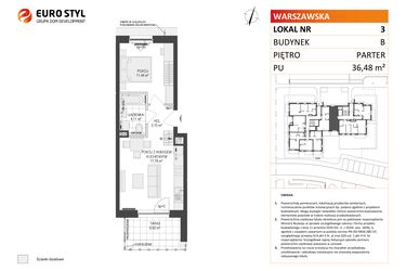 Rzut - Mieszkanie na sprzedaż 2 pokoje o powierzchni 36,48 m² - numer B.3 w Osiedle Warszawska etap III
