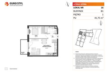 Rzut - Mieszkanie na sprzedaż 2 pokoje o powierzchni 41,75 m² - numer 16 w Leśna Góra