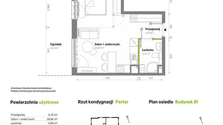 Rzut - Mieszkanie na sprzedaż 1 pokój o powierzchni 33,1 m² - numer B1.00.01 w Południe Vita